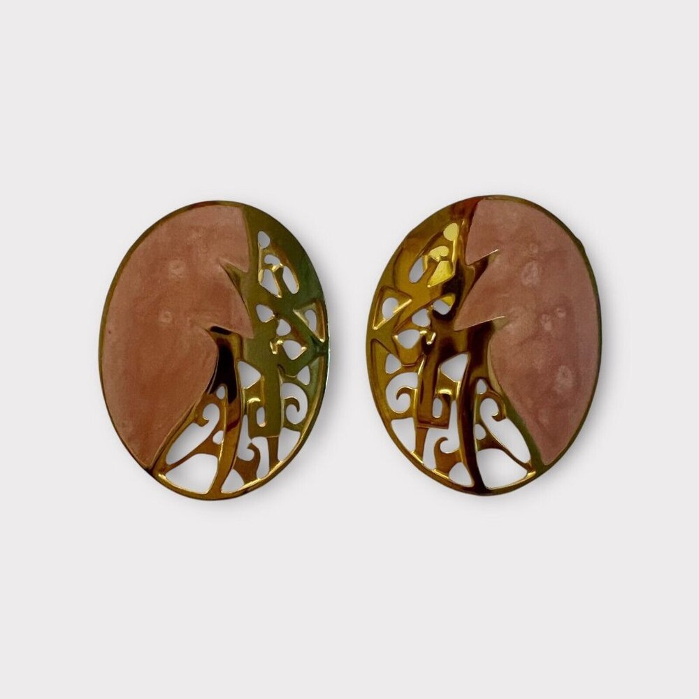 Vintage Gold Tone 1980's Edgar Berebi Peach Pink Enamel Pierced Earrings 1.25"